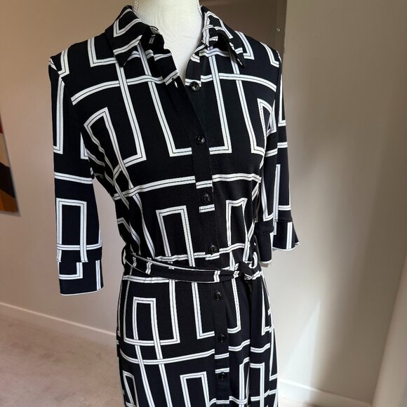 WHBM Black and White Geometric Button Down Matte Jersey Shirt Dress - Sz. 4 - Picture 2 of 16
